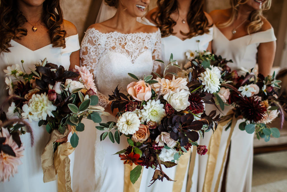 Bouquet Flowers Bride Bridal Red Burgundy Cream Wild Dahlia Rose Bridesmaid Cowdray House Wedding Matt Sim Photography