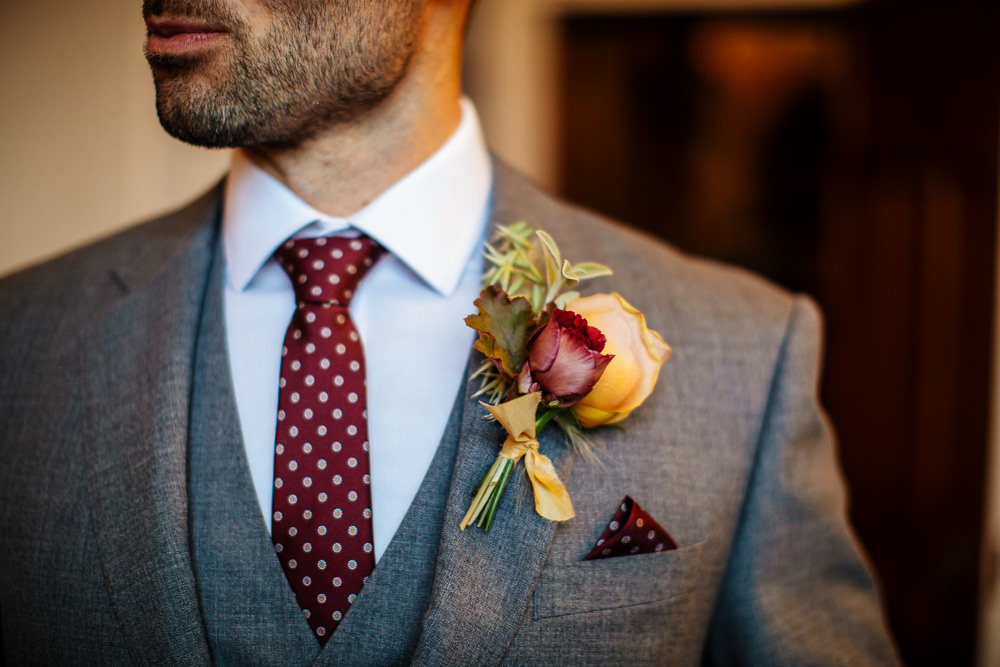 Groom Suit Grey Red Polka Dot Tie Pocket Square Buttonhole Cowdray House Wedding Matt Sim Photography