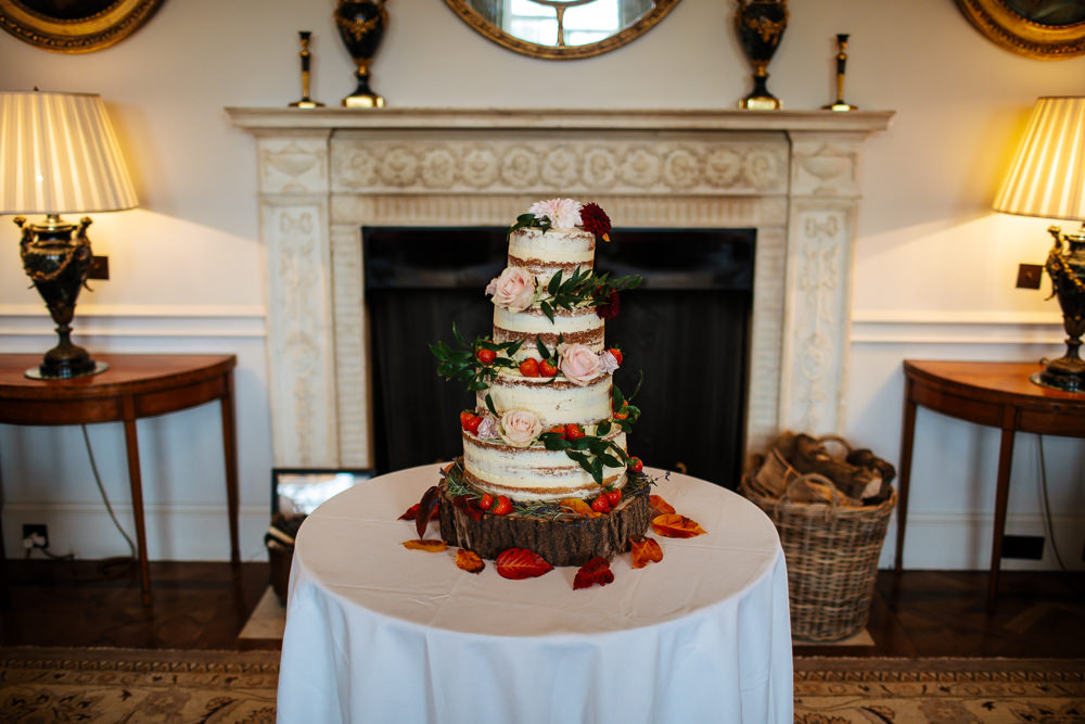 Semi Naked Cake Flowers Floral Log Stand Cowdray House Wedding Matt Sim Photography