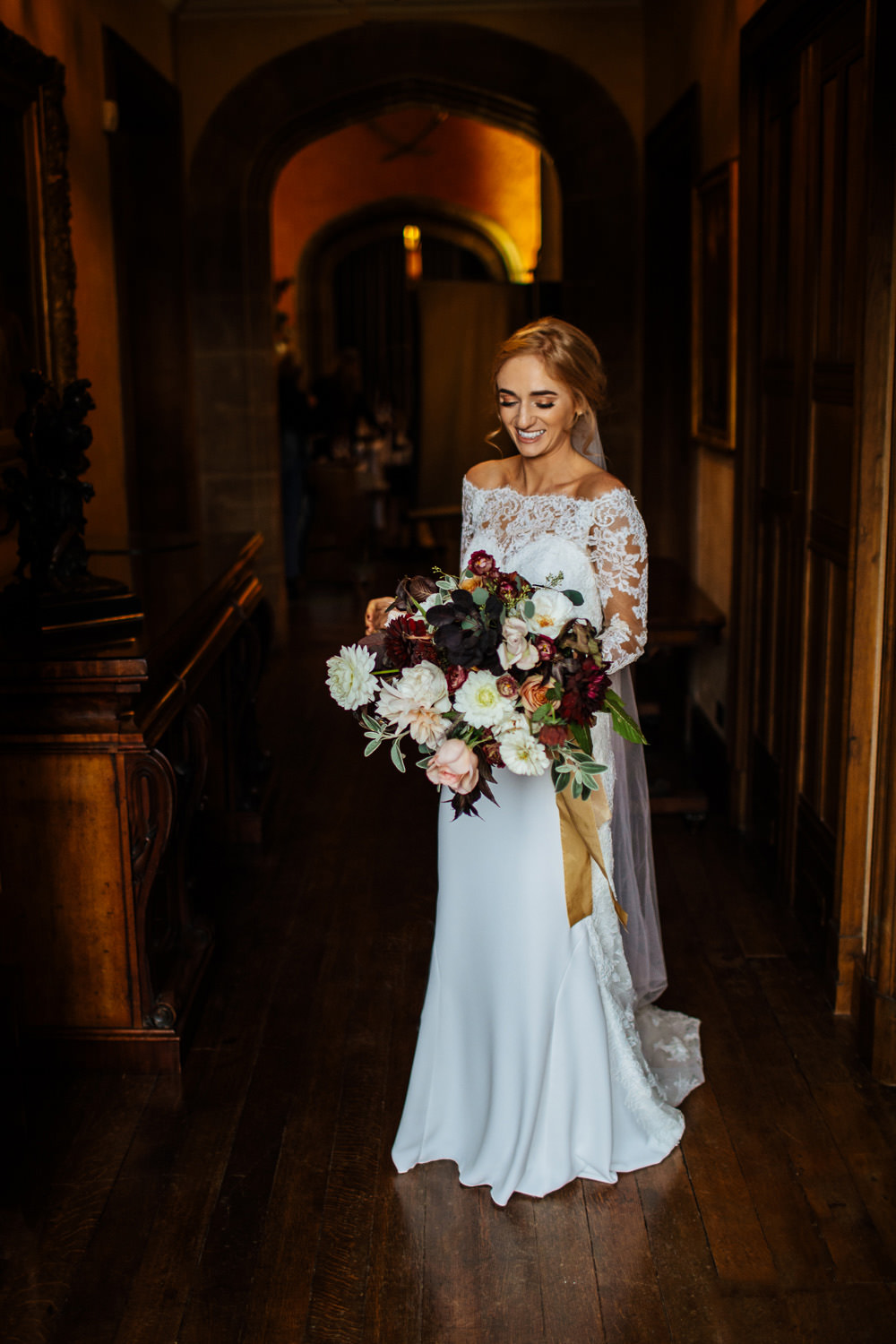 Bride Bridal Dress Gown Fit and Flare Lace Back Sleeves Train Macedonia San Patrick Cowdray House Wedding Matt Sim Photography