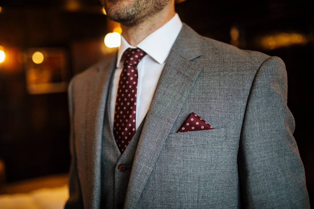 Groom Suit Grey Red Polka Dot Tie Pocket Square Cowdray House Wedding Matt Sim Photography