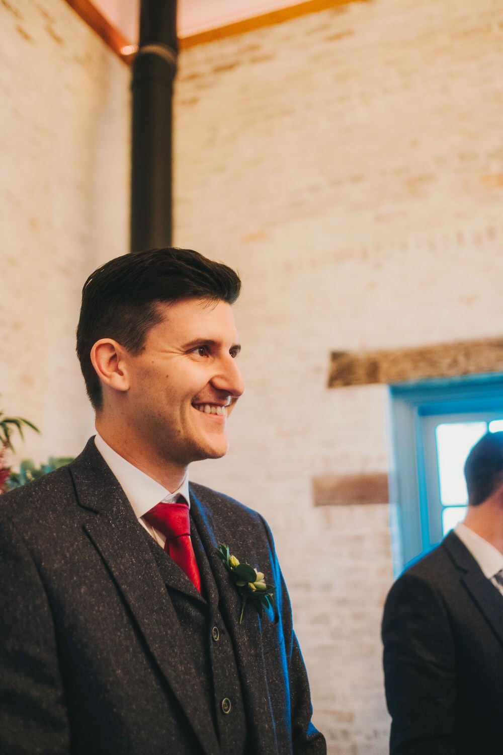 Groom Suit Blue Tweed Red Tie Dorfold Hall Wedding Kate McCarthy Photography