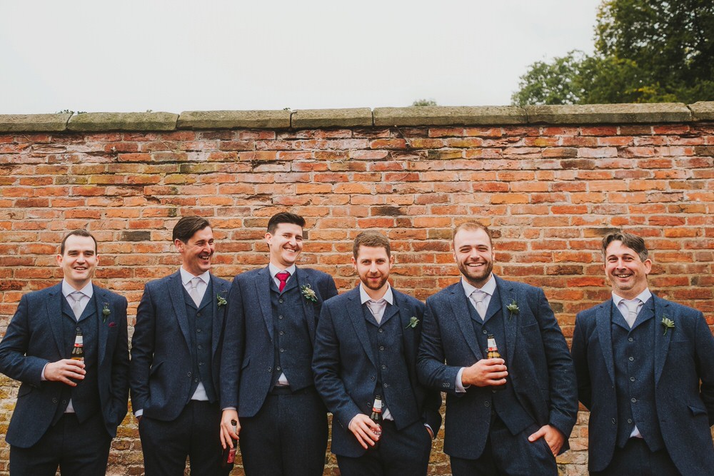 Groom Suit Blue Tweed Red Tie Groomsmen Dorfold Hall Wedding Kate McCarthy Photography