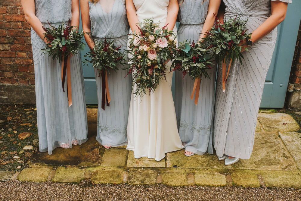Bouquet Flowers Bride Bridal Rose Astilbe Greenery Foliage Bridesmaids Ribbons Dorfold Hall Wedding Kate McCarthy Photography