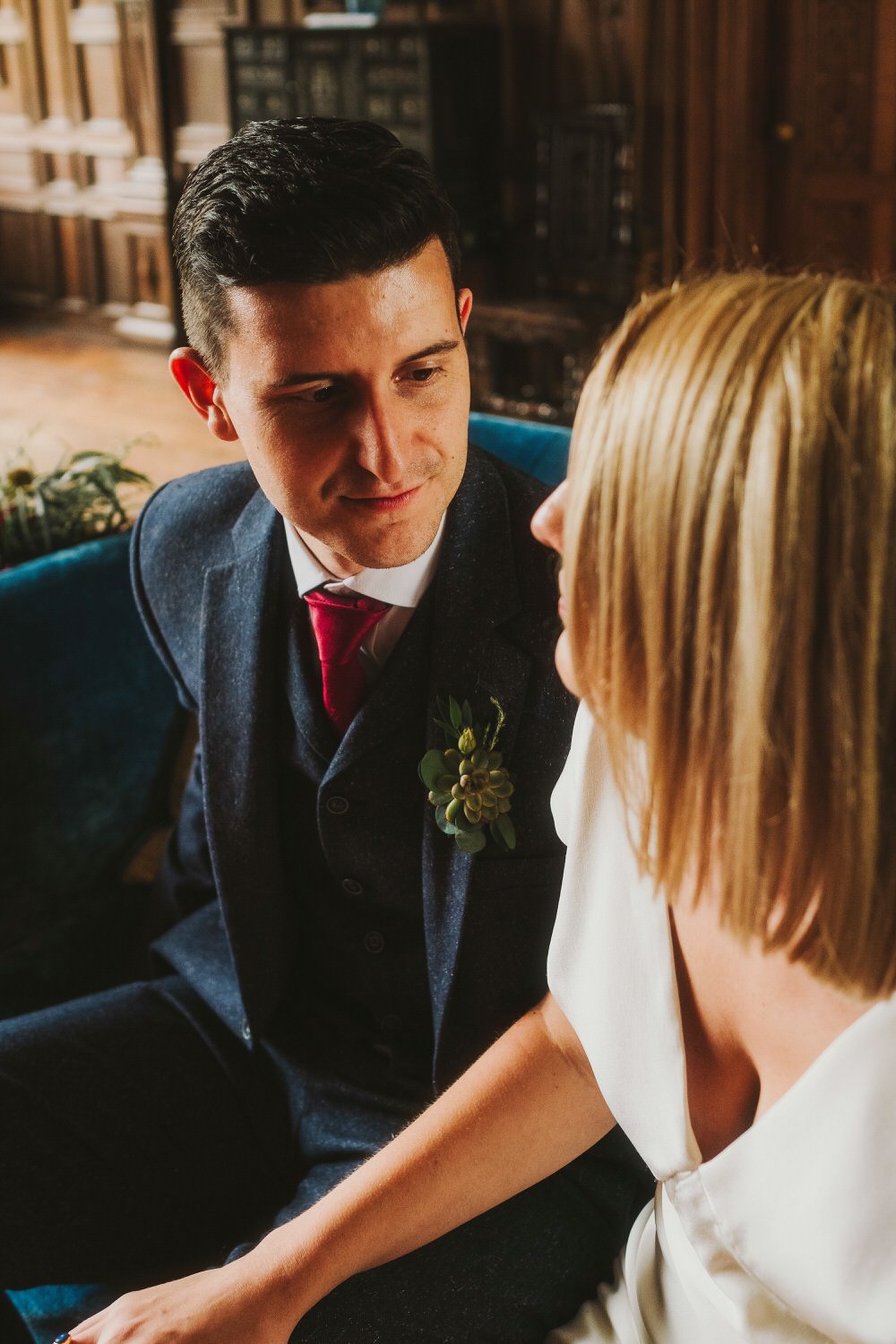 Groom Suit Blue Tweed Red Tie Dorfold Hall Wedding Kate McCarthy Photography