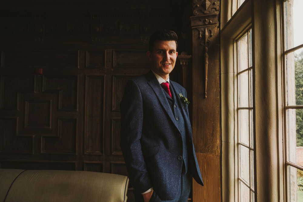 Groom Suit Blue Tweed Red Tie Dorfold Hall Wedding Kate McCarthy Photography
