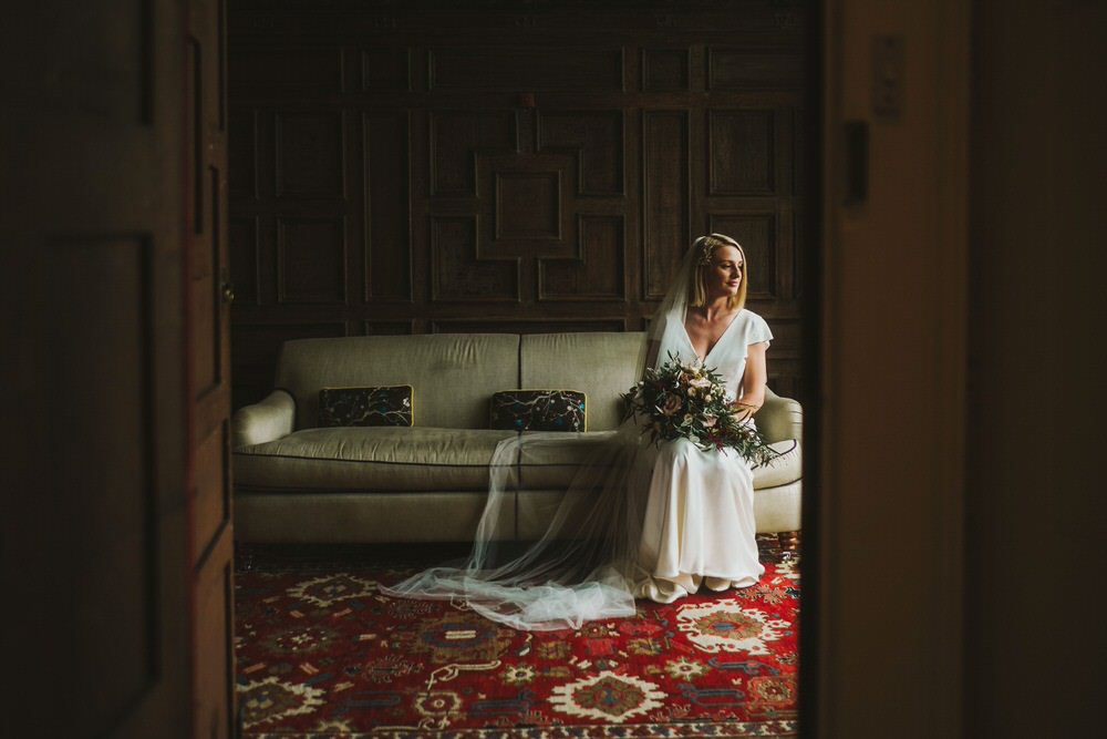 Dress Gown Bride Bridal Sleeves Savannah Miller Silk Satin Dorfold Hall Wedding Kate McCarthy Photography