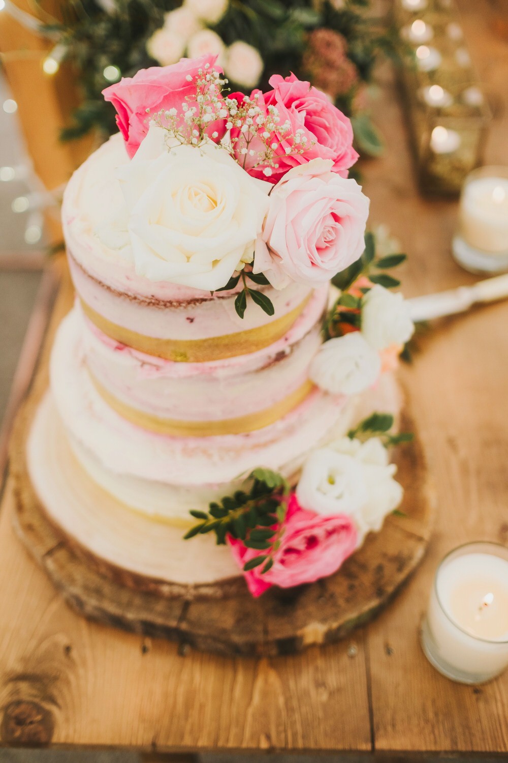 Semi Naked Cake Flowers Floral Pink Dorfold Hall Wedding Kate McCarthy Photography