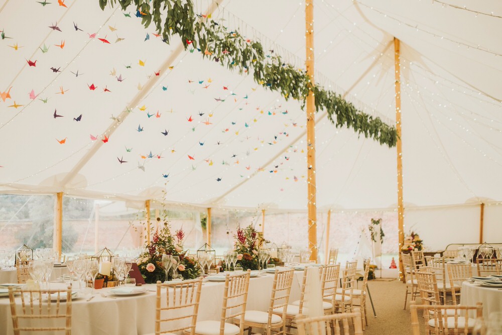 Sperry Pole Tent Marquee Origami Paper Cranes Greenery Foliage Dorfold Hall Wedding Kate McCarthy Photography