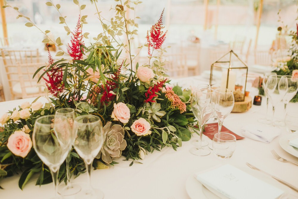 Table Centrepiece Flowers Rose Astilbe Greenery Foliage Dorfold Hall Wedding Kate McCarthy Photography