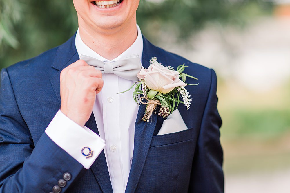Groom Suit Bow Tie Navy Buttonhole Flowers Granary Estates Wedding Terri & Lori Fine Art Photography and Film Studio