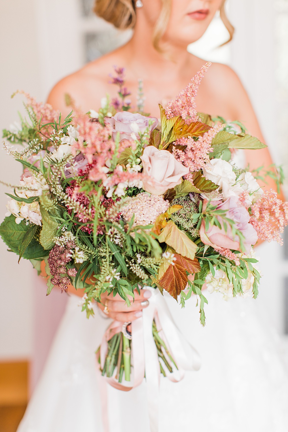 Bouquet Flowers Bride Bridal Pink Rose Astilbe Greenery Foliage Granary Estates Wedding Terri & Lori Fine Art Photography and Film Studio