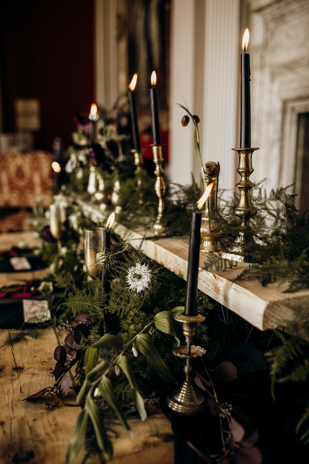 Table Tablescape Decor Decoration Candles Velvet Brass Flowers Ferns Harry Potter Wedding Ideas Thyme Lane Photography