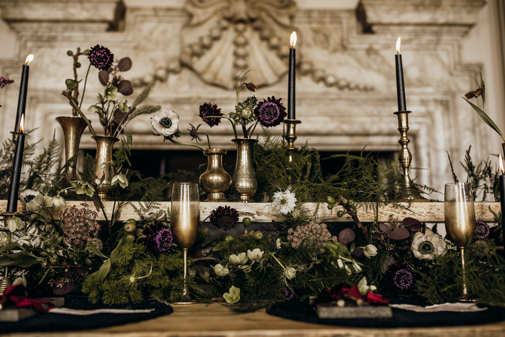 Table Tablescape Decor Decoration Candles Velvet Brass Flowers Ferns Harry Potter Wedding Ideas Thyme Lane Photography