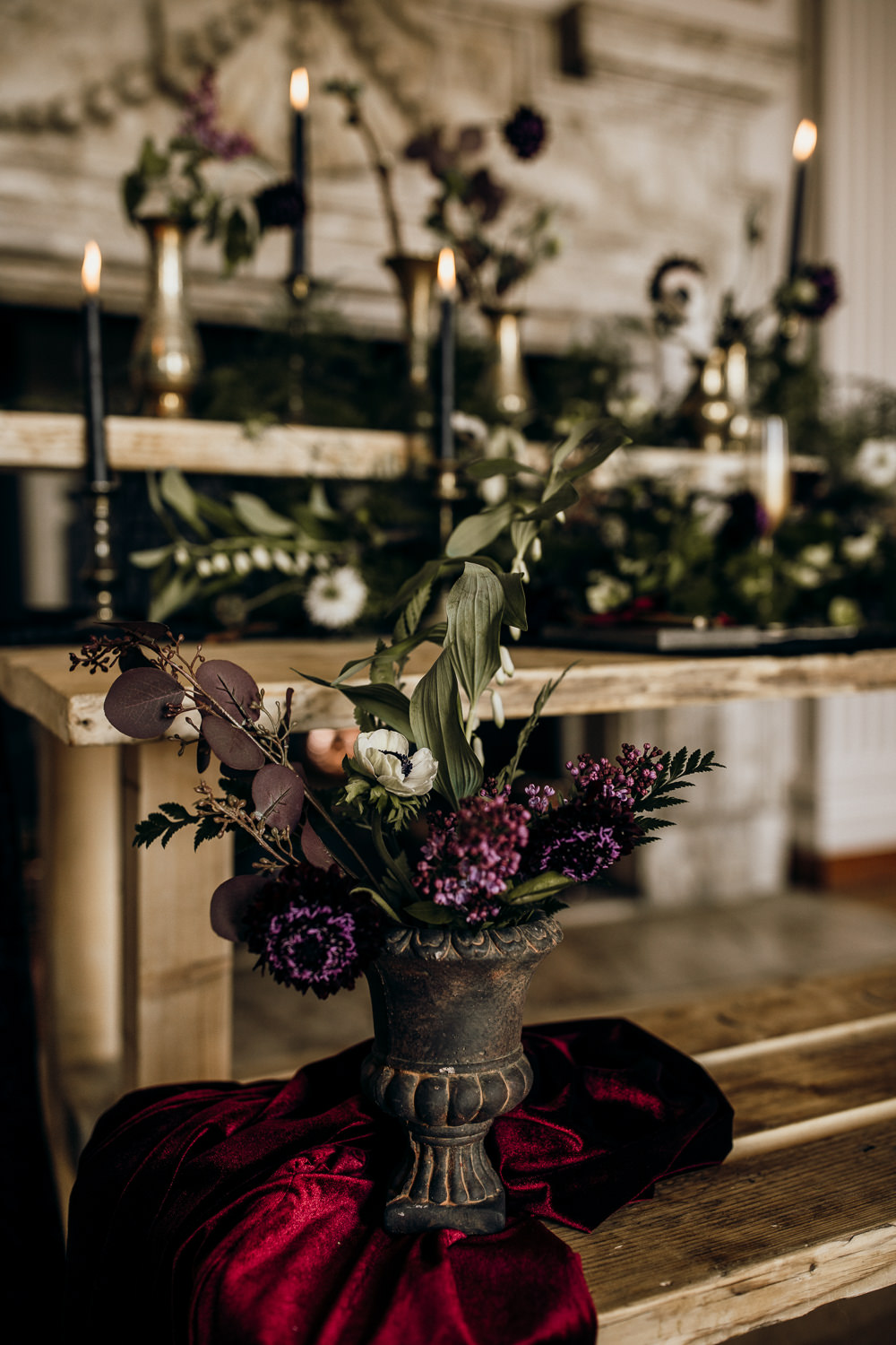 Table Tablescape Decor Decoration Candles Velvet Brass Flowers Ferns Harry Potter Wedding Ideas Thyme Lane Photography