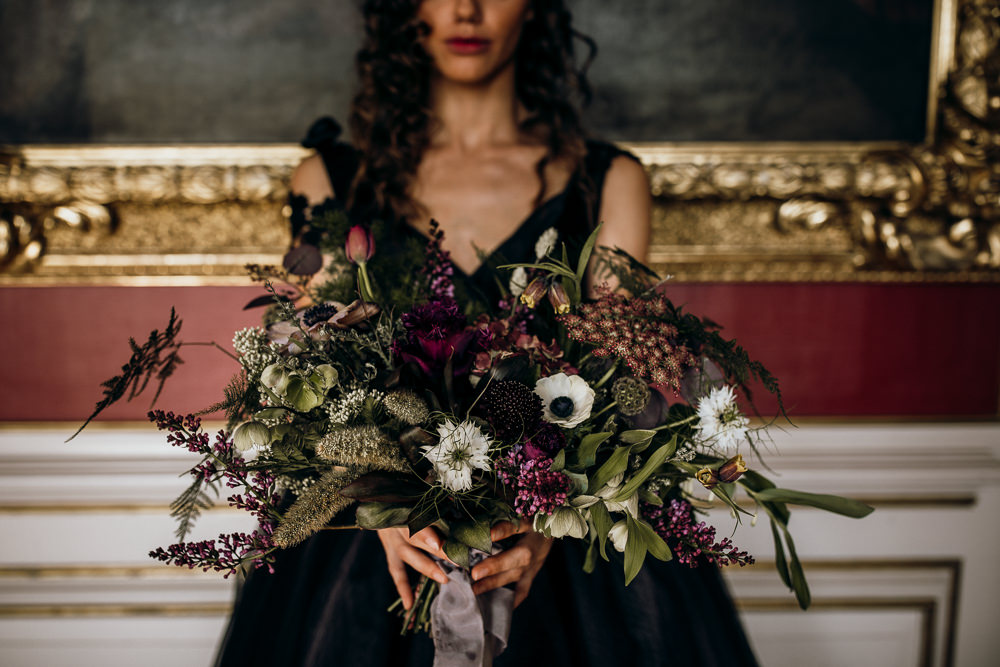 Bouquet Flowers Bride Bridal Hellebores Anemone Purple Fritillaries Harry Potter Wedding Ideas Thyme Lane Photography