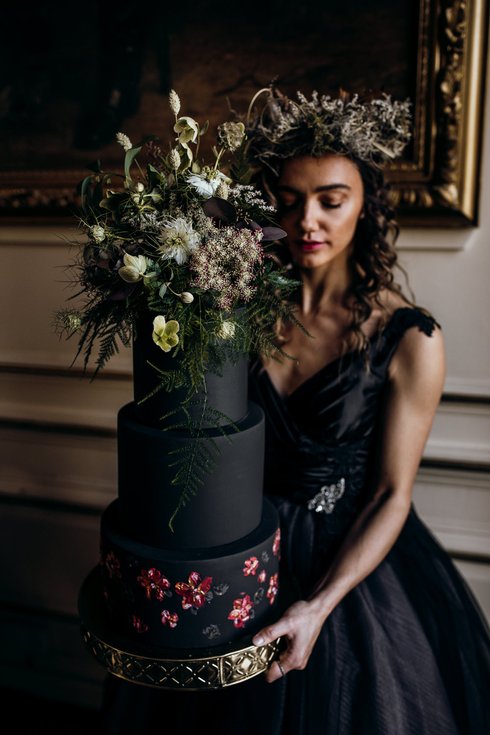 Tall Cake Black Pink Gold Flowers Floral Harry Potter Wedding Ideas Thyme Lane Photography