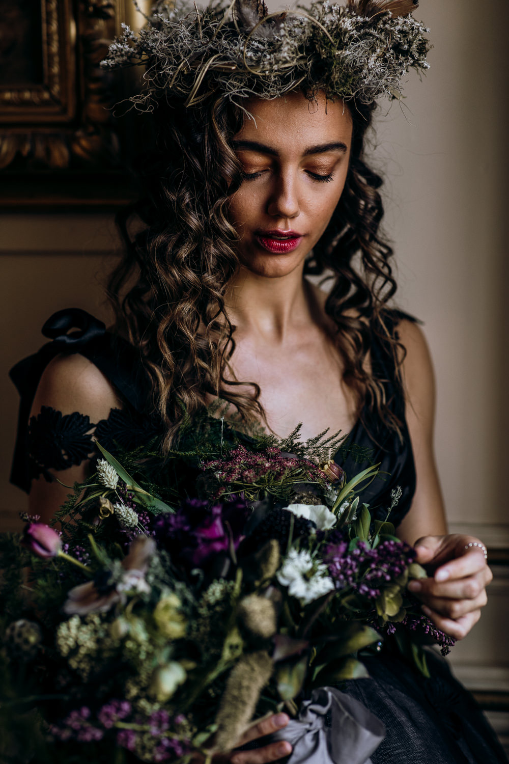Bouquet Flowers Bride Bridal Hellebores Anemone Purple Fritillaries Harry Potter Wedding Ideas Thyme Lane Photography