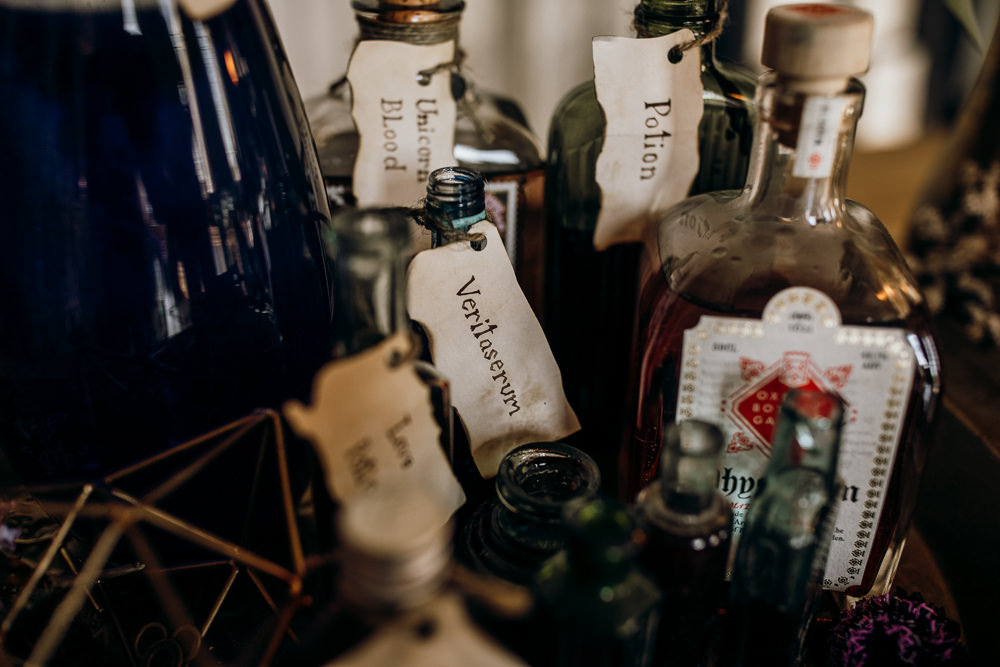 Drinks Trolley Bar Potions Bottles Harry Potter Wedding Ideas Thyme Lane Photography