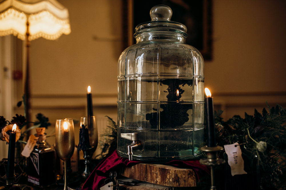 Drinks Trolley Bar Potions Bottles Harry Potter Wedding Ideas Thyme Lane Photography