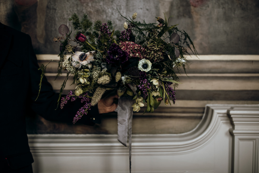 Bouquet Flowers Bride Bridal Hellebores Anemone Purple Fritillaries Harry Potter Wedding Ideas Thyme Lane Photography