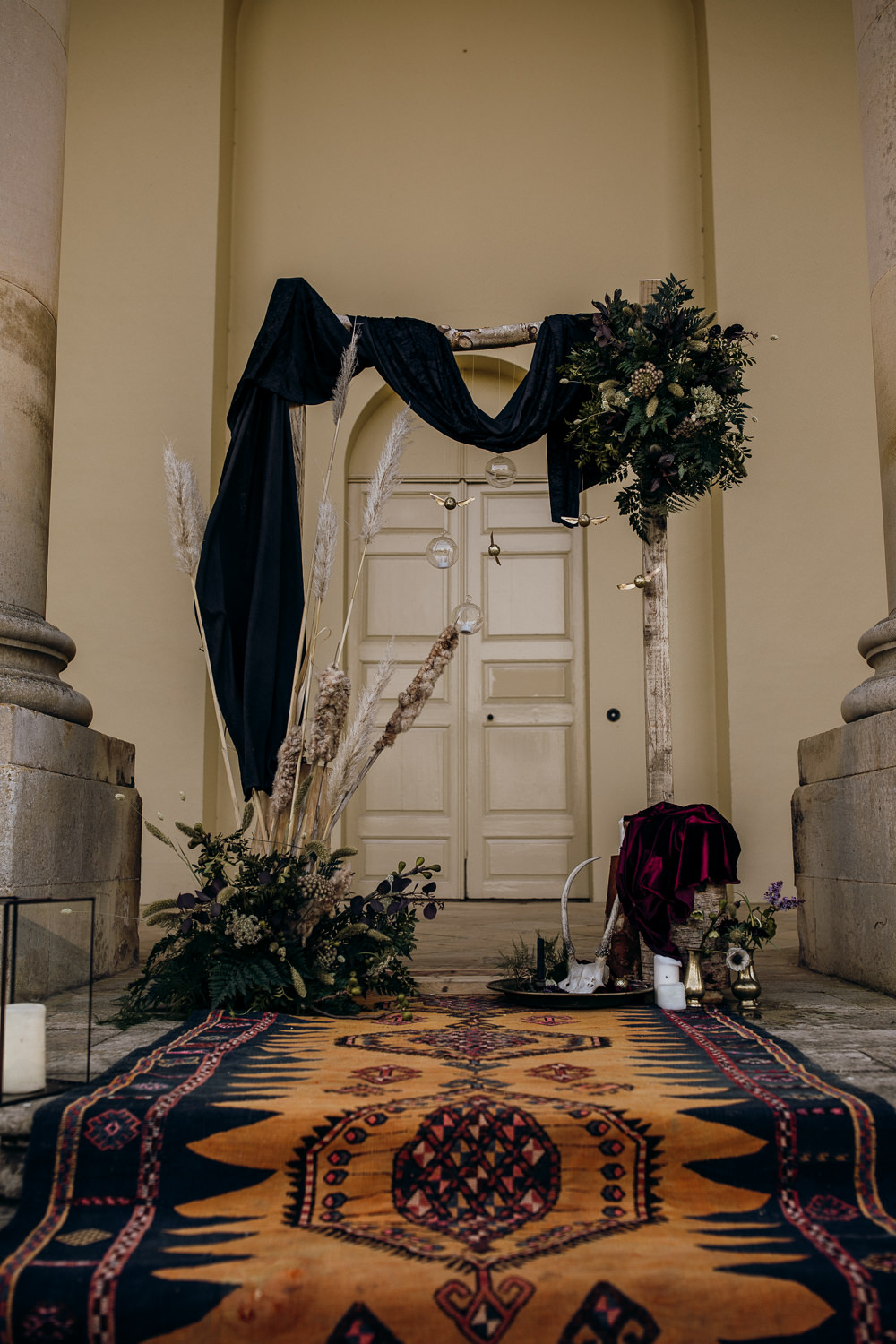 Backdrop Flower Arch Pampas Grass Fabric Rug Harry Potter Wedding Ideas Thyme Lane Photography