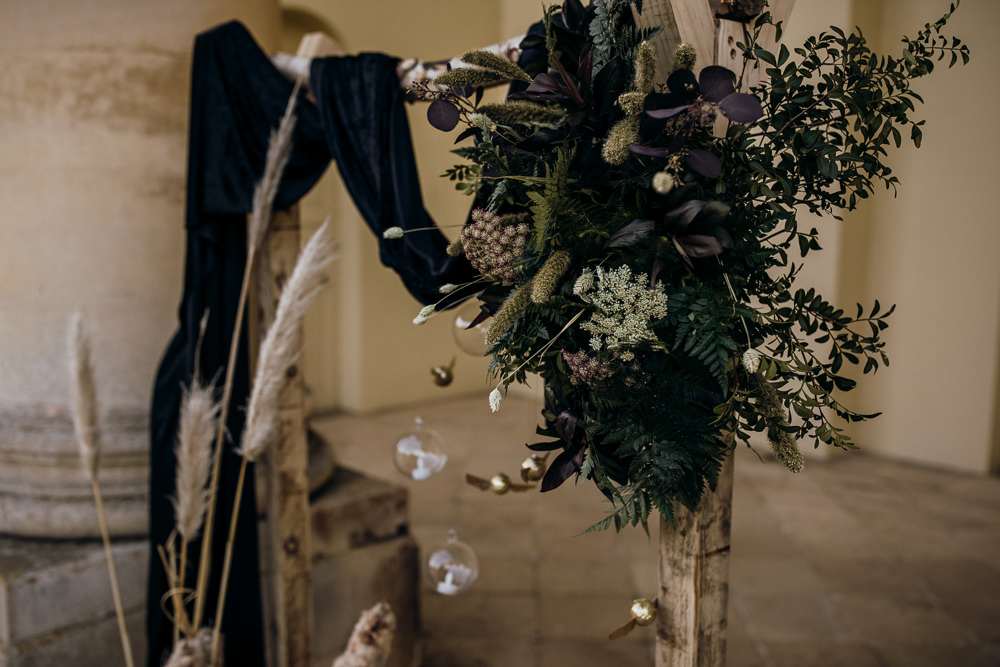 Backdrop Flower Arch Pampas Grass Fabric Rug Harry Potter Wedding Ideas Thyme Lane Photography