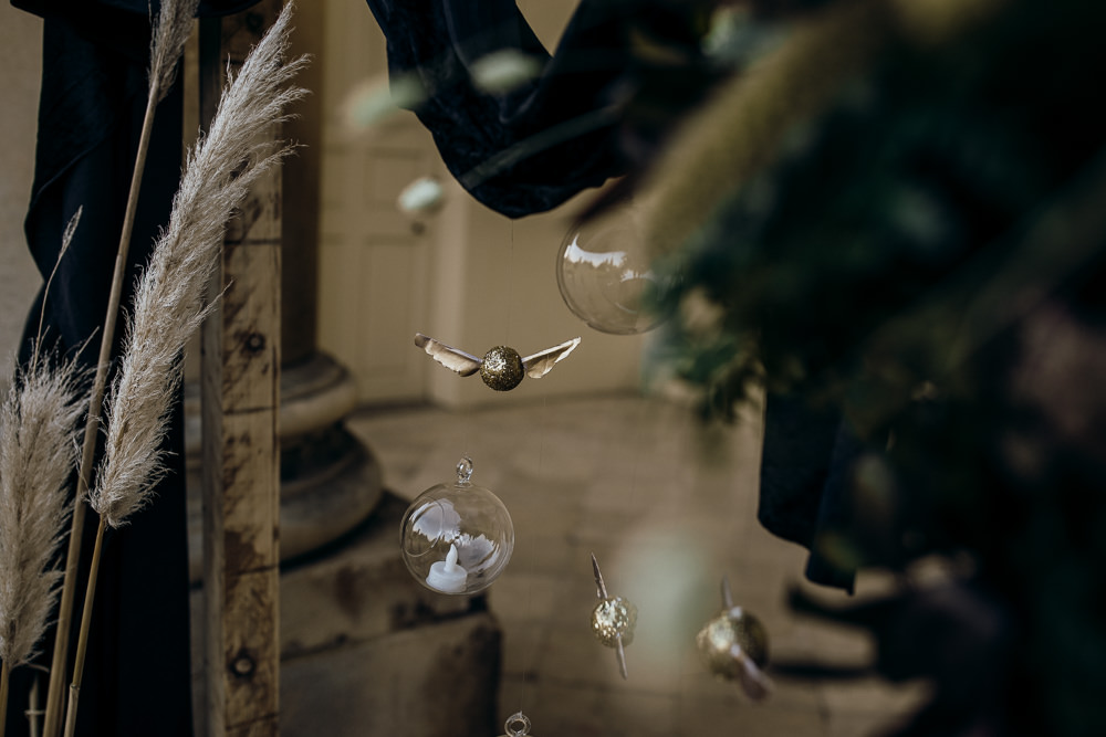 Backdrop Flower Arch Pampas Grass Fabric Rug Golden Snitch Harry Potter Wedding Ideas Thyme Lane Photography