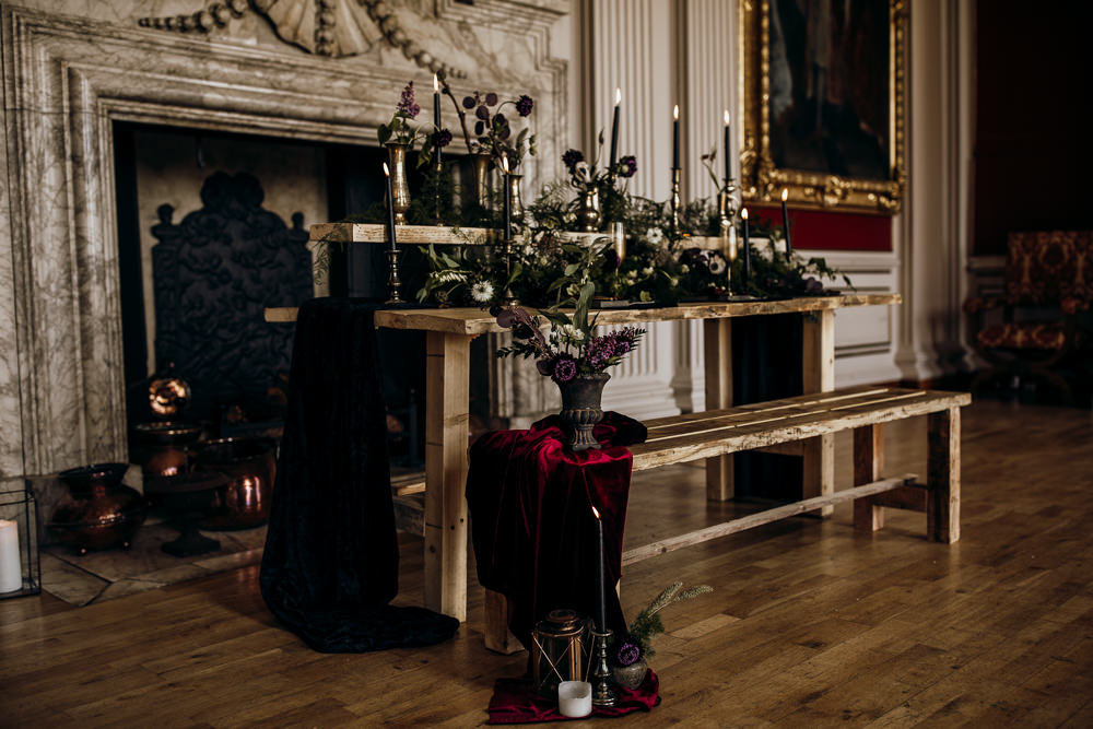 Table Tablescape Decor Decoration Candles Velvet Brass Flowers Ferns Harry Potter Wedding Ideas Thyme Lane Photography