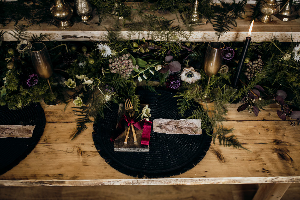 Table Tablescape Decor Decoration Candles Velvet Brass Flowers Ferns Place Setting Harry Potter Wedding Ideas Thyme Lane Photography