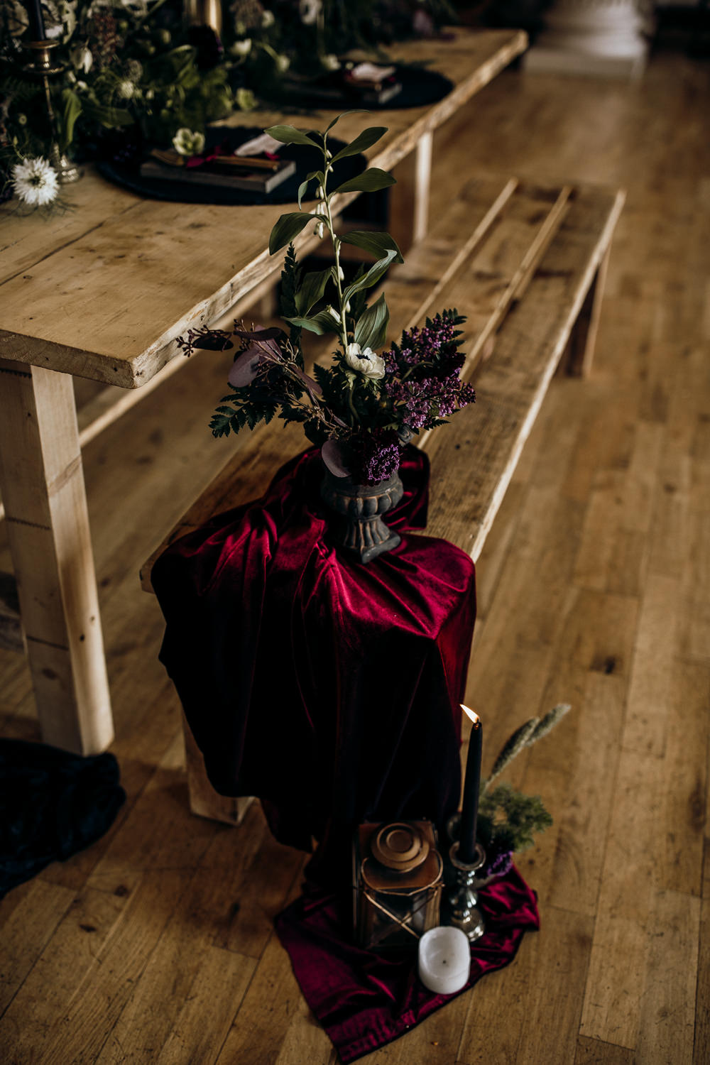 Decor Decoration Candles Velvet Brass Flowers Ferns Harry Potter Wedding Ideas Thyme Lane Photography