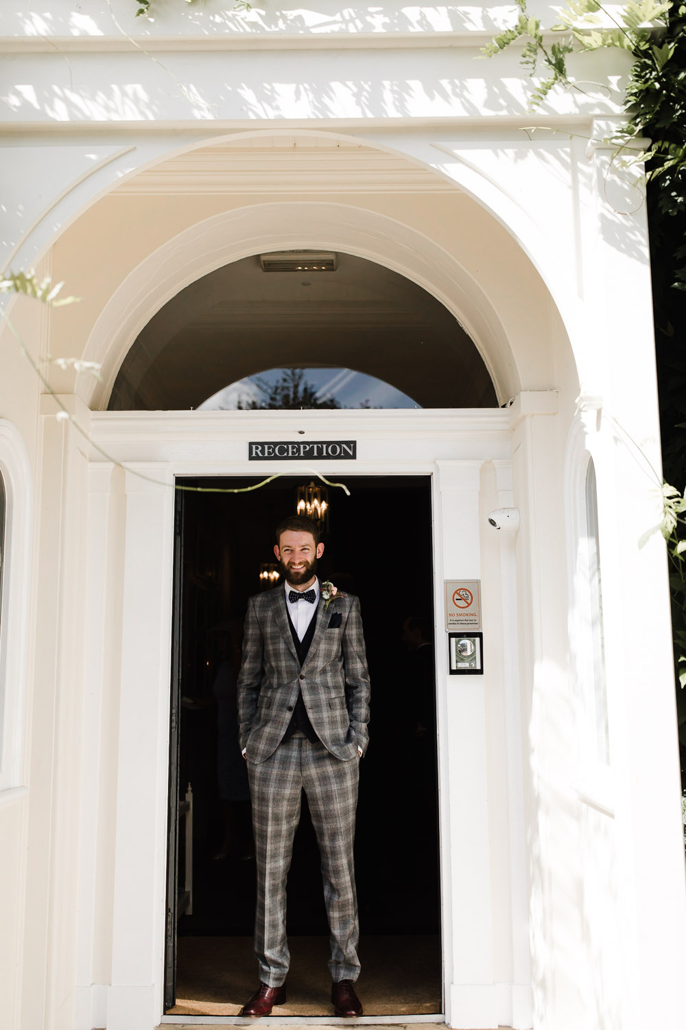 Groom Suit Bow Tie Grey Check Waistcoat Hope Mill Theatre Wedding Lee Garland Photography