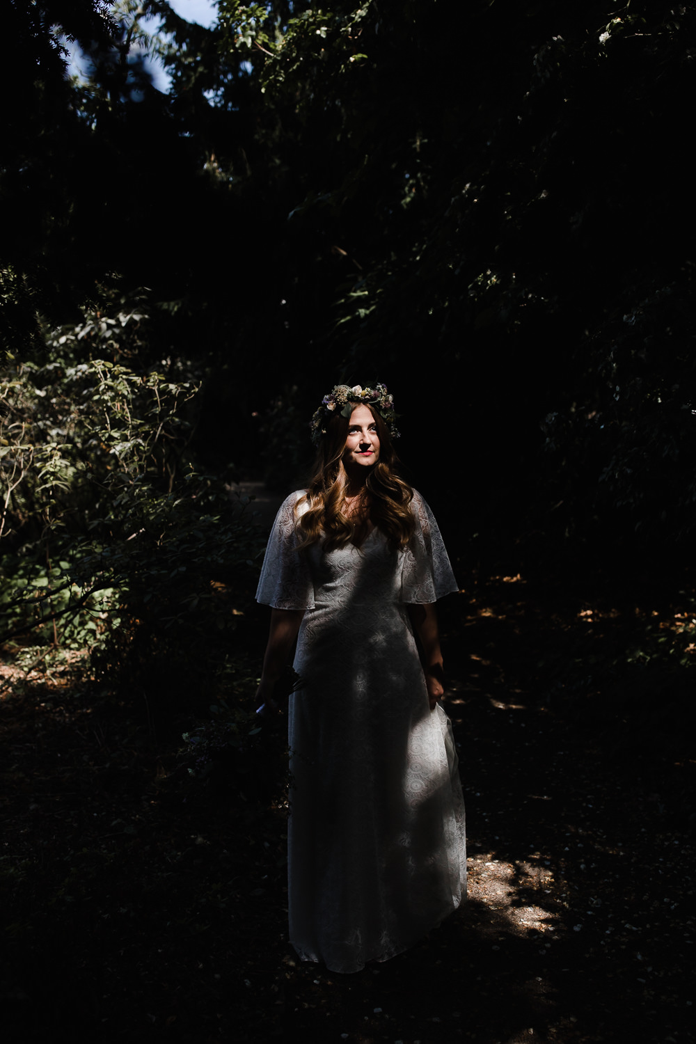 Bride Bridal Dress Gown Rolling In Roses Lace Sleeves Train Boho Bohemain Flower Crown Hope Mill Theatre Wedding Lee Garland Photography