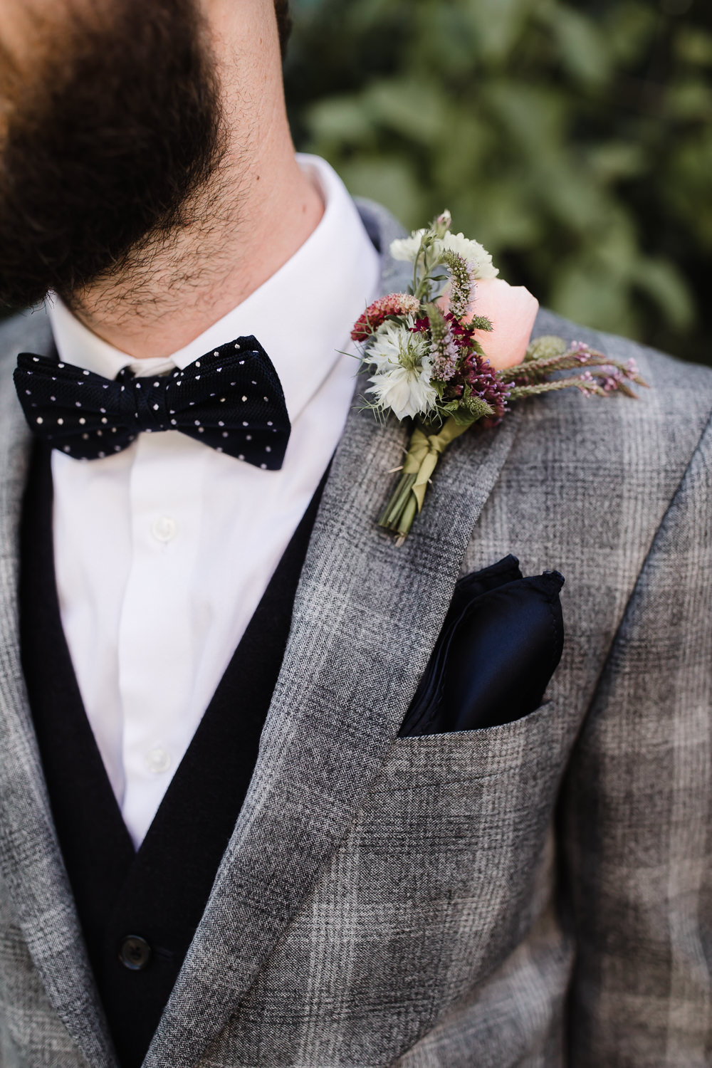 Groom Suit Bow Tie Grey Check Waistcoat Buttonhole Flowers Hope Mill Theatre Wedding Lee Garland Photography