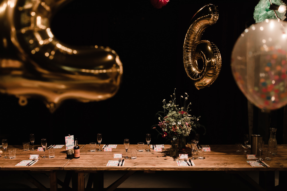 Long Wooden Tables Decor Balloons Flowers Hope Mill Theatre Wedding Lee Garland Photography