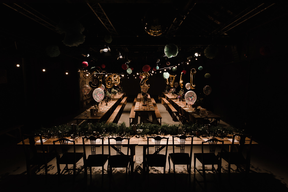 Long Tables Industrial Reception Venue Pom Poms Balloons Festoon Lights Decor Hope Mill Theatre Wedding Lee Garland Photography