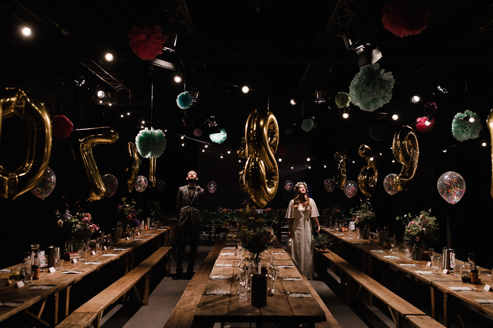 Long Tables Industrial Reception Venue Pom Poms Balloons Festoon Lights Decor Hope Mill Theatre Wedding Lee Garland Photography