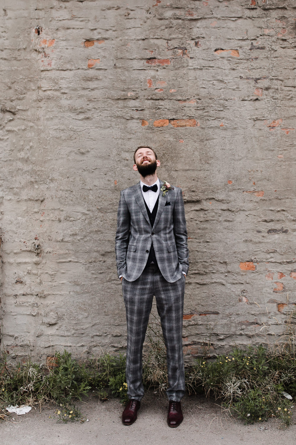 Groom Suit Bow Tie Grey Check Waistcoat Hope Mill Theatre Wedding Lee Garland Photography