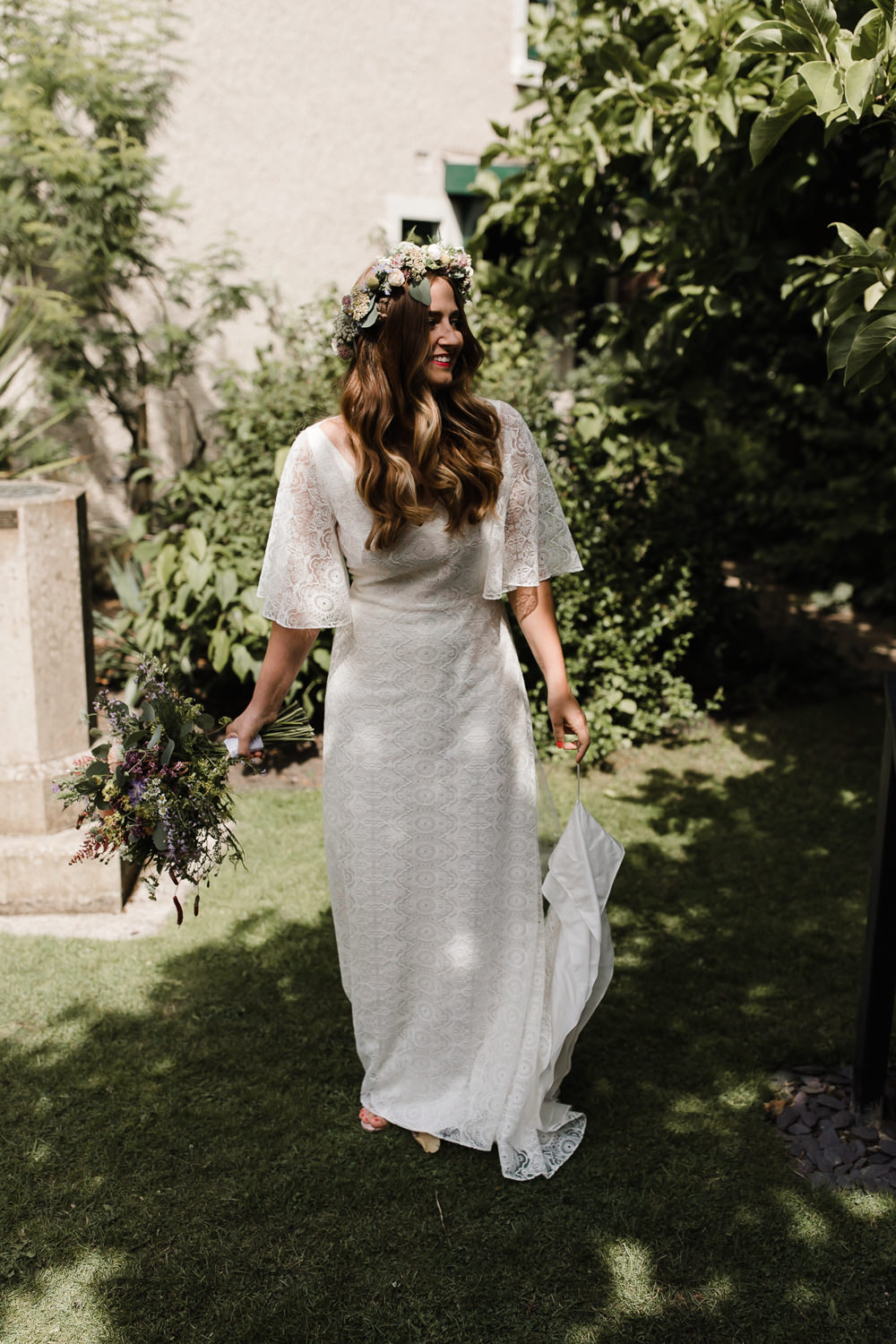 Bride Bridal Dress Gown Rolling In Roses Lace Sleeves Train Boho Bohemain Flower Crown Hope Mill Theatre Wedding Lee Garland Photography