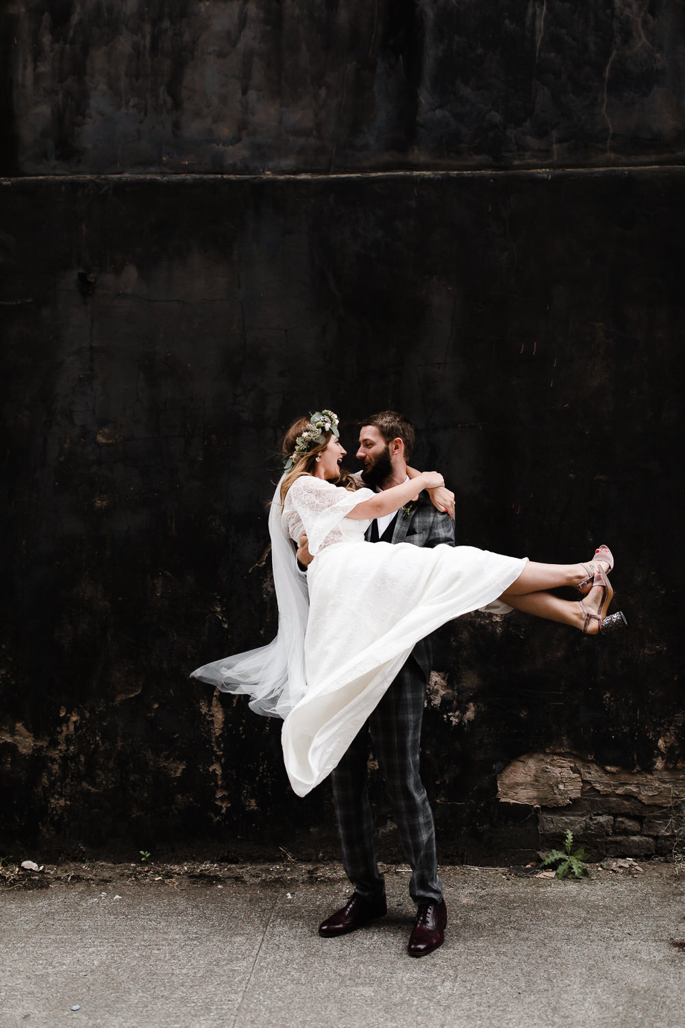 Bride Bridal Dress Gown Rolling In Roses Lace Sleeves Train Boho Bohemain Flower Crown Hope Mill Theatre Wedding Lee Garland Photography