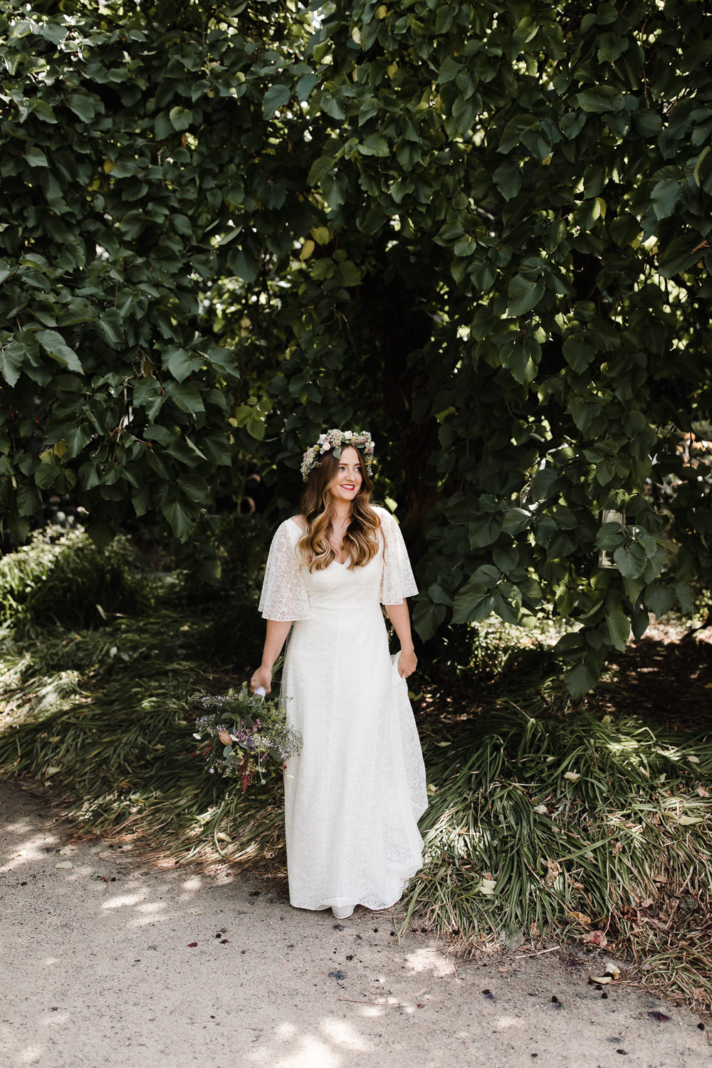 Bride Bridal Dress Gown Rolling In Roses Lace Sleeves Train Boho Bohemain Flower Crown Hope Mill Theatre Wedding Lee Garland Photography