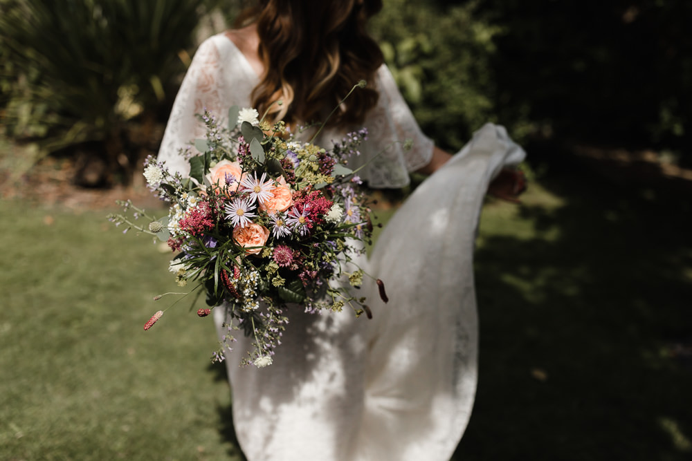 Bride Bridal Bouquet Flowers Wild Natural Rose Hope Mill Theatre Wedding Lee Garland Photography