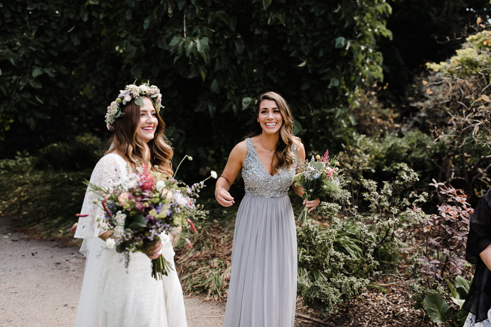Bride Bridal Dress Gown Rolling In Roses Lace Sleeves Train Boho Bohemain Flower Crown Bouquet Hope Mill Theatre Wedding Lee Garland Photography