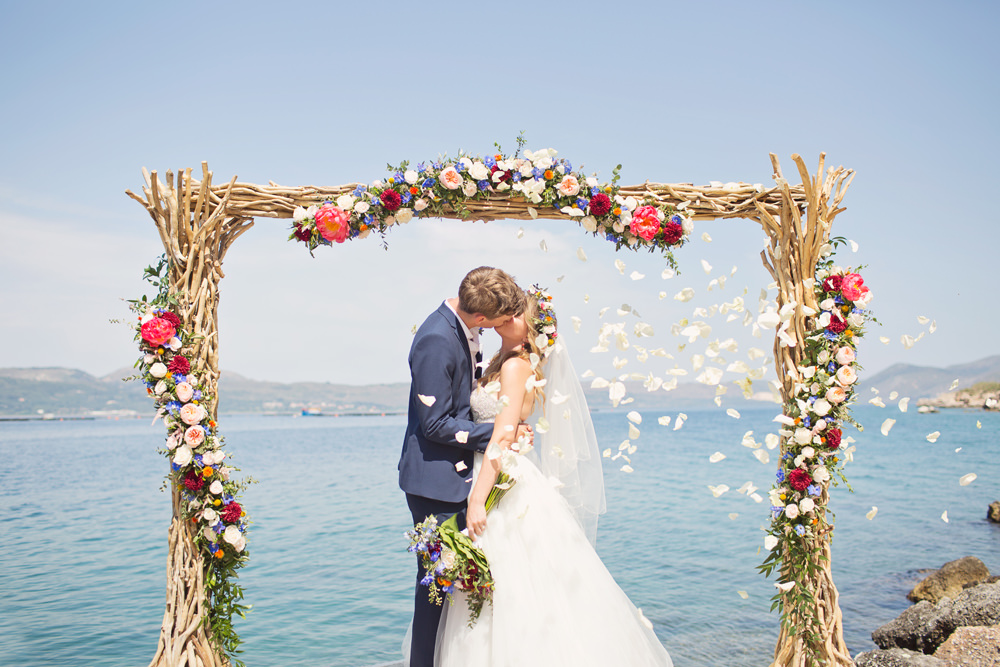 Arch Ceremony Aisle Backdrop Wooden Branches Flowers Kefalonia Wedding Cotton Candy Weddings