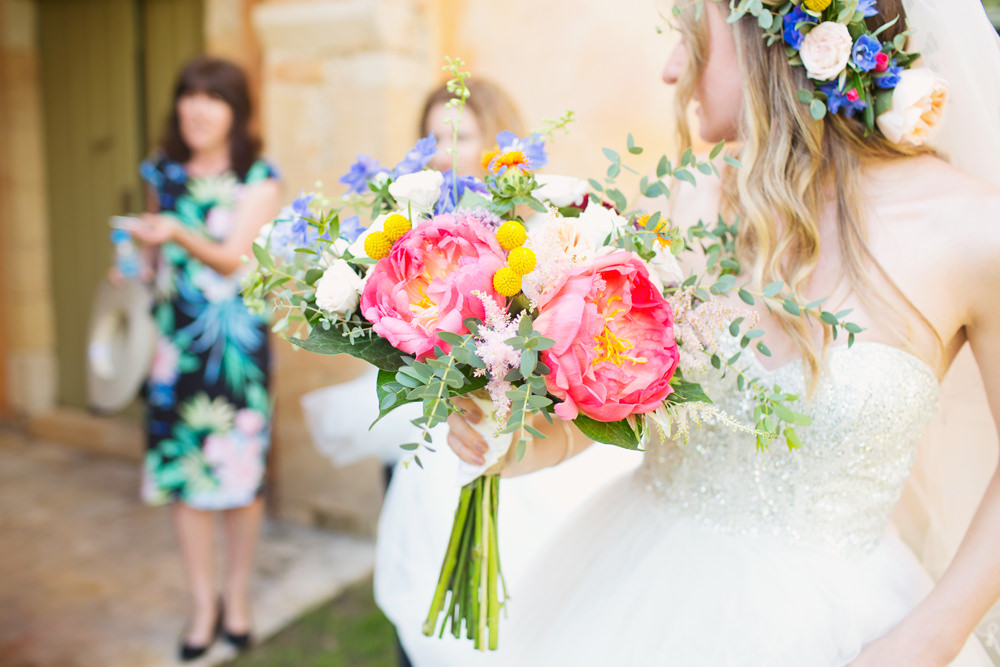 Bride Bridal Flowers Bouquet Coral Peony Peonies Billy Balls Astilbe Eucalyptus Kefalonia Wedding Cotton Candy Weddings