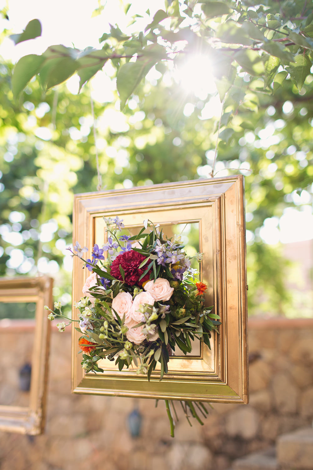 Gold Frame Hanging Flowers Bouquet Kefalonia Wedding Cotton Candy Weddings