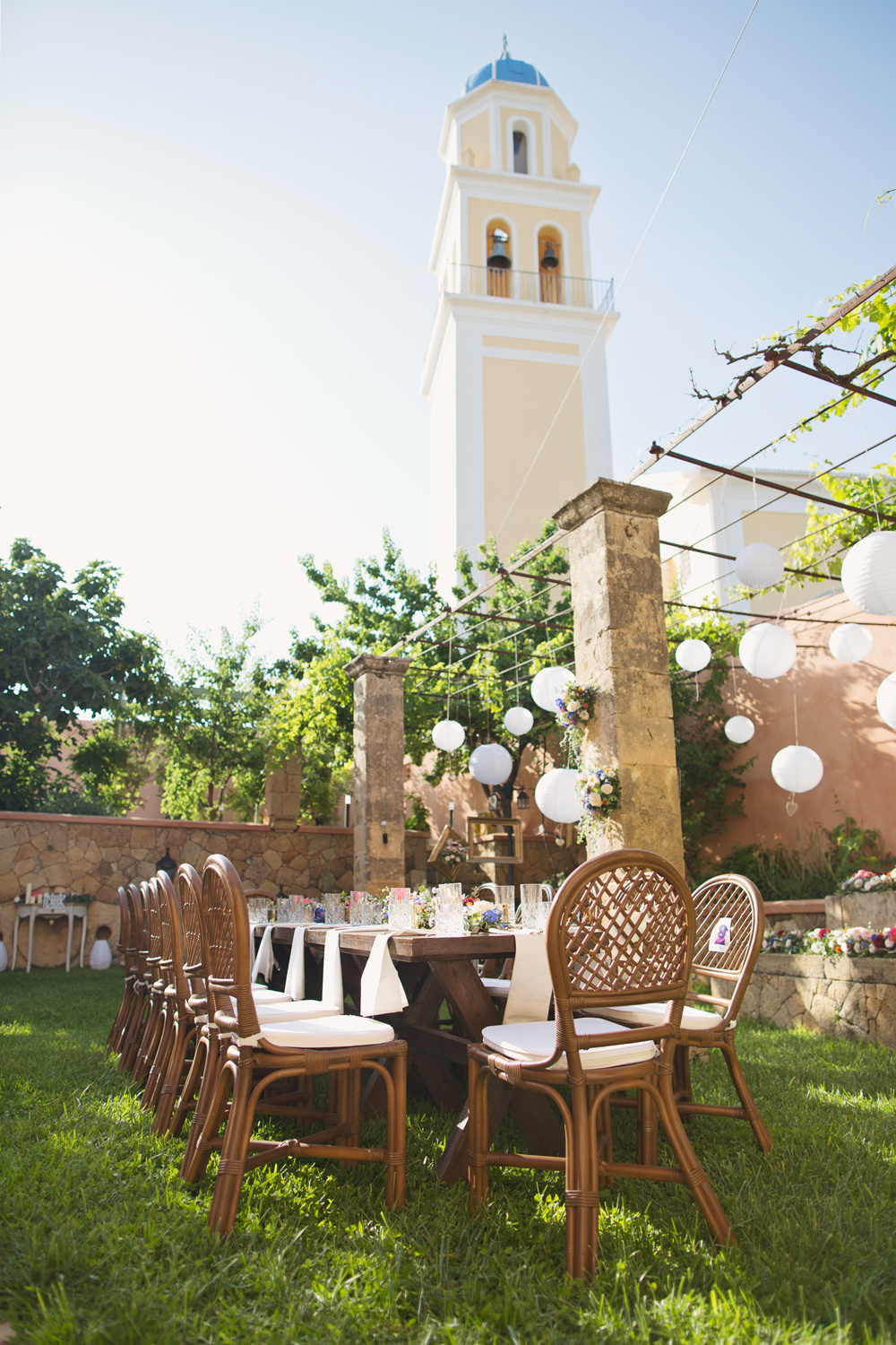 Outdoor Table Tablescape Reception Lanterns Kefalonia Wedding Cotton Candy Weddings