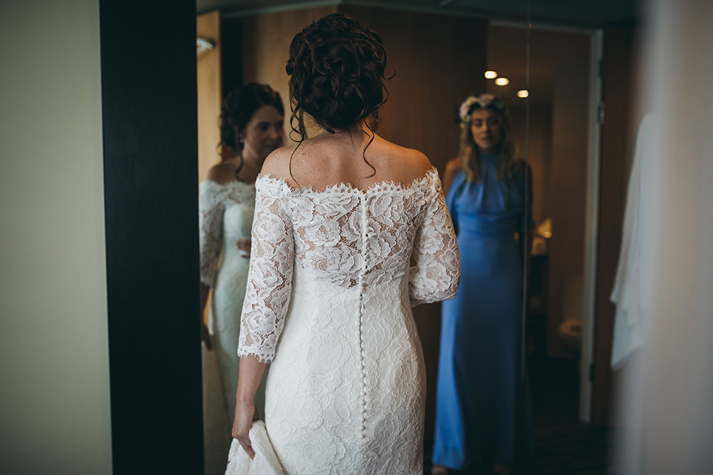Dress Gown Bride Bridal Lace Long Sleeves Train Veil Pronovias Kingsettle Stud Wedding Mark Tattersall Photography