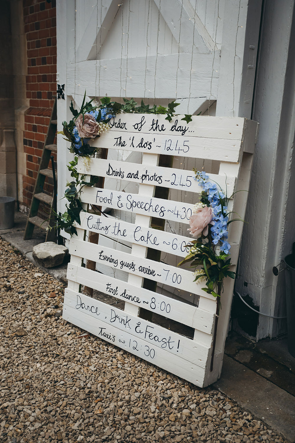 Wooden Pallet Order of Day Sign Signs Signage Kingsettle Stud Wedding Mark Tattersall Photography