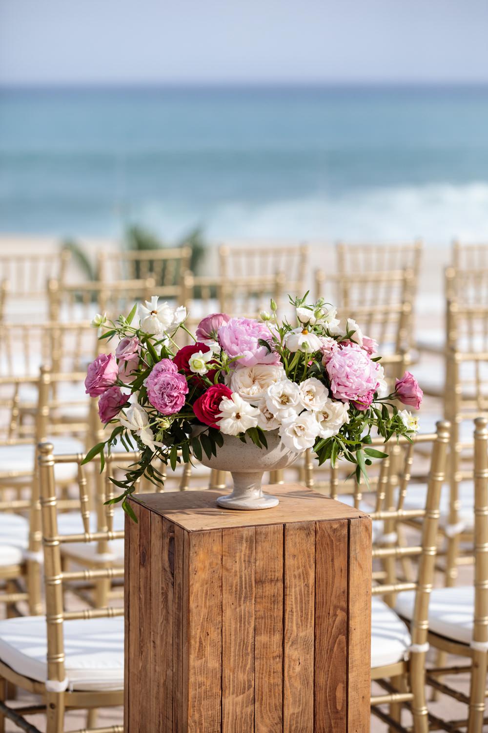 Flowers Floral Urn Arrangement Pink Peony Red Rose Cream Foliage Los Cabos Wedding Anna Gomes Photo
